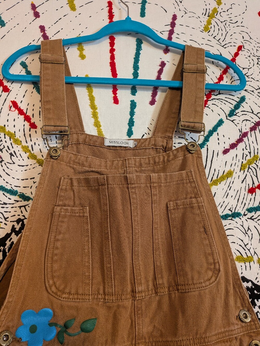 Tan Floral Retro Hippie Artsy Overalls - Picture 3 of 8